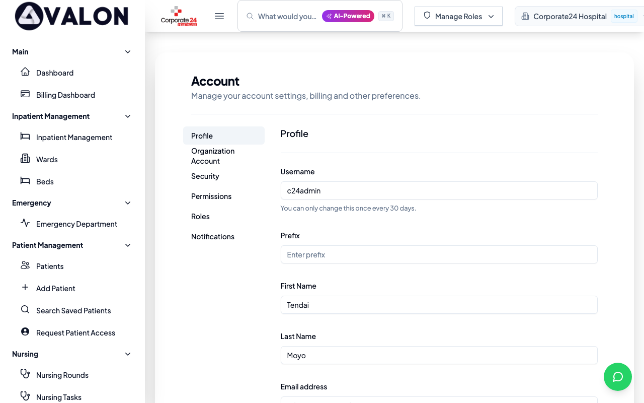 Hospital settings page showing profile and department configuration